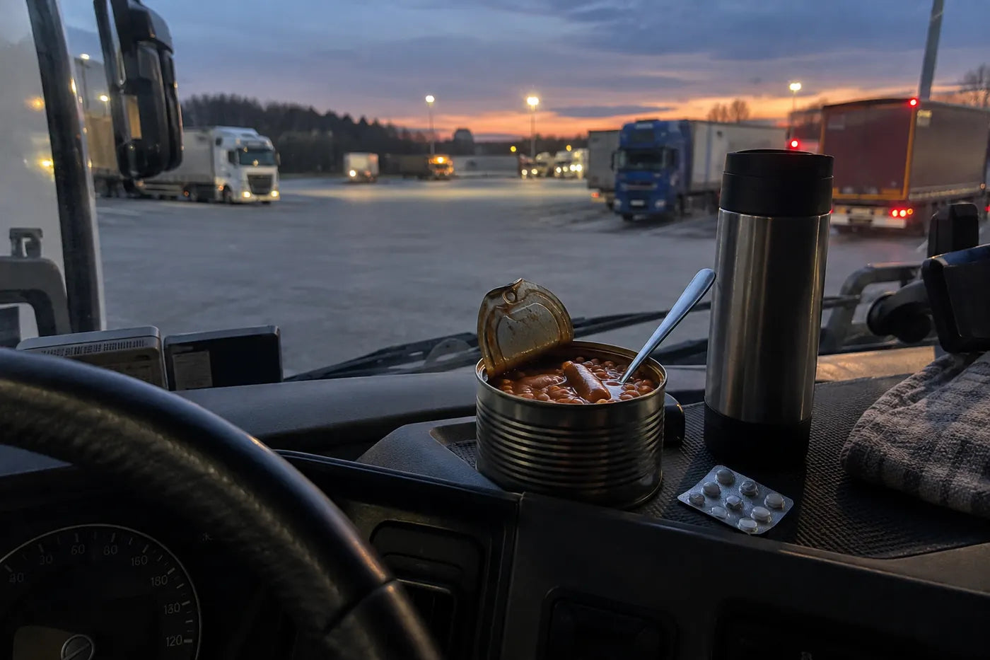 O masă simplă în cabina unui camion parcat seara: conservă, termos și medicamente