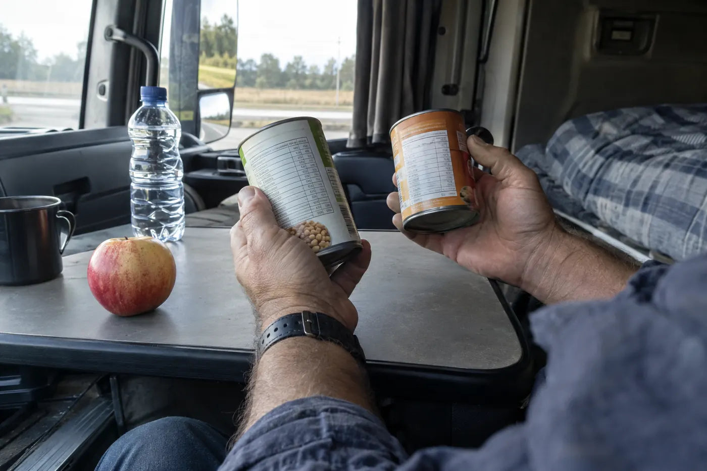 Un șofer compară etichetele a două conserve la masa din cabină