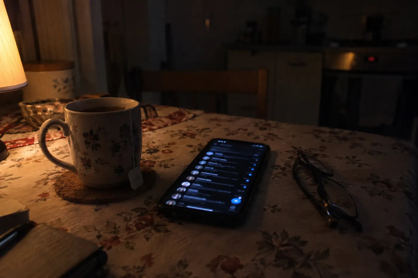 Un telefon cu ecranul aprins pe masa din bucătărie, lângă o cană de ceai, seara