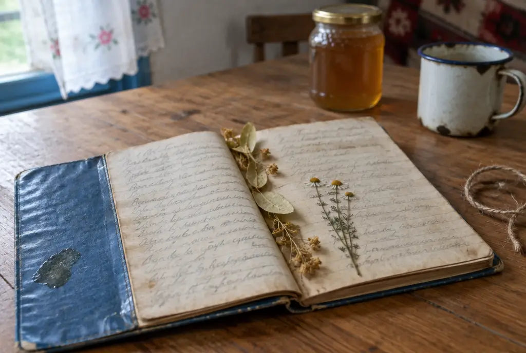 Un caiet vechi cu scoarțe de mușama, deschis pe o masă de bucătărie, cu rețete scrise de mână și plante uscate între pagini