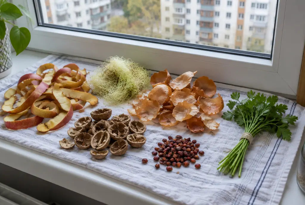 Pe un pervaz de bucătărie, pe un șervet de bumbac, sunt înșirate la uscat coji de mere, mătase de porumb, coji de ceapă, coji de nucă și sâmburi