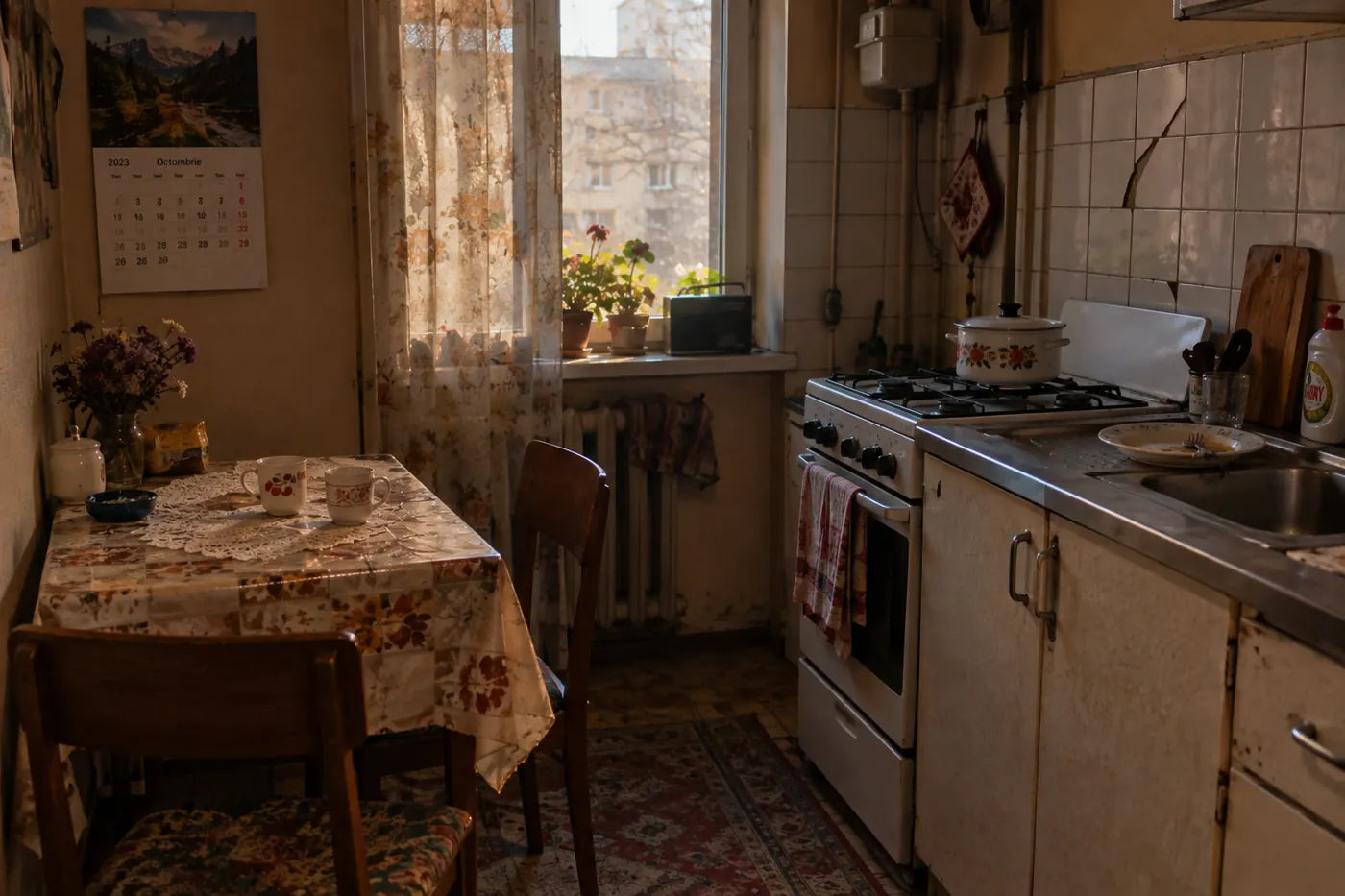 O bucătărie mică de bloc, cu o masă pentru două persoane și două cești de cafea