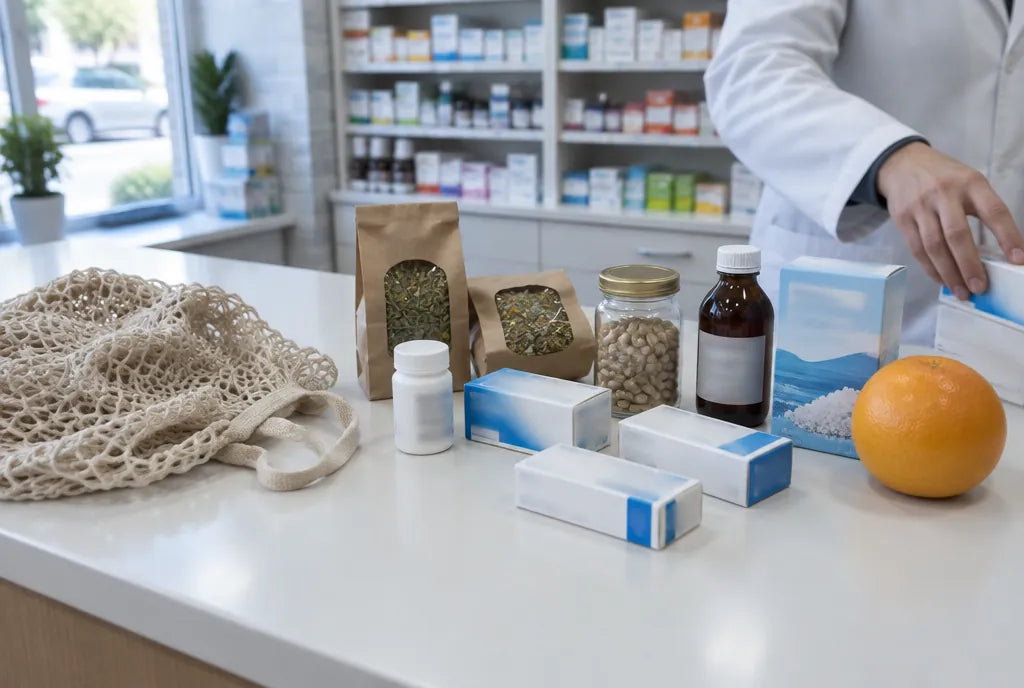 O pungă de plasă și mai multe cutii de medicamente și pungi de ceai puse pe o tejghea